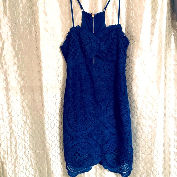 Intrigue Couture Royal Blue Crochet Dress with Keyhole open Front Lined - Picture 1 of 8